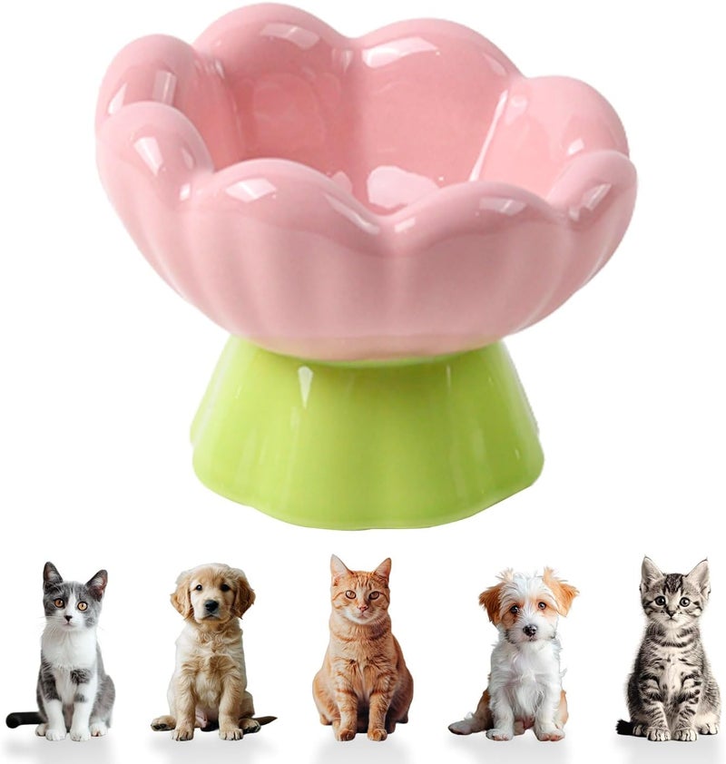 DIF DECO Ceramic Raised Cat Bowl, Pink Elevated Food Bowls for Food and Water Protecting Spine and Whiskelfriendly,Tulip Shape Cute Pet Feeder Dish for Indoor Cats and Small Doas(Height 4.1 inch) - Image 1